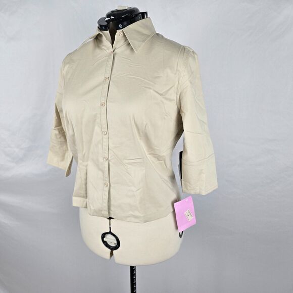 Classiques Entier Women's L Petite Beige Tan Button Down 3/4 Sleeve Collar NWT - Picture 16 of 16